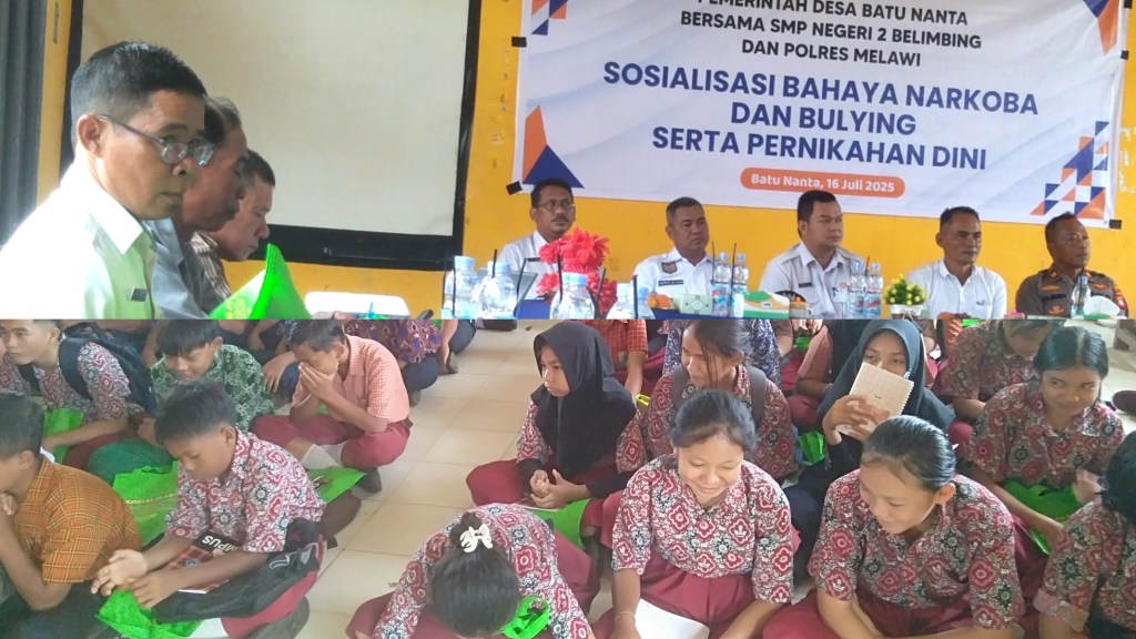 PEMDES BATU NANTA,FORKOPIMCAM,POLRI  SOSIALISASI MASALAH NARKOBA  dan bullying serta pernikahan dini DI SMPN 2&nbsp;BELIMBING