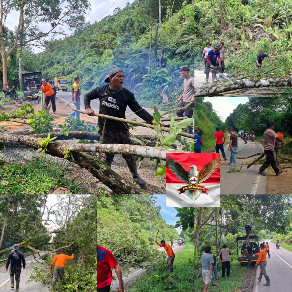 Polsek Belimbing Bersama Pemdes Pemuar dan Warga Gotong Royong Pangkas&nbsp;Pohon