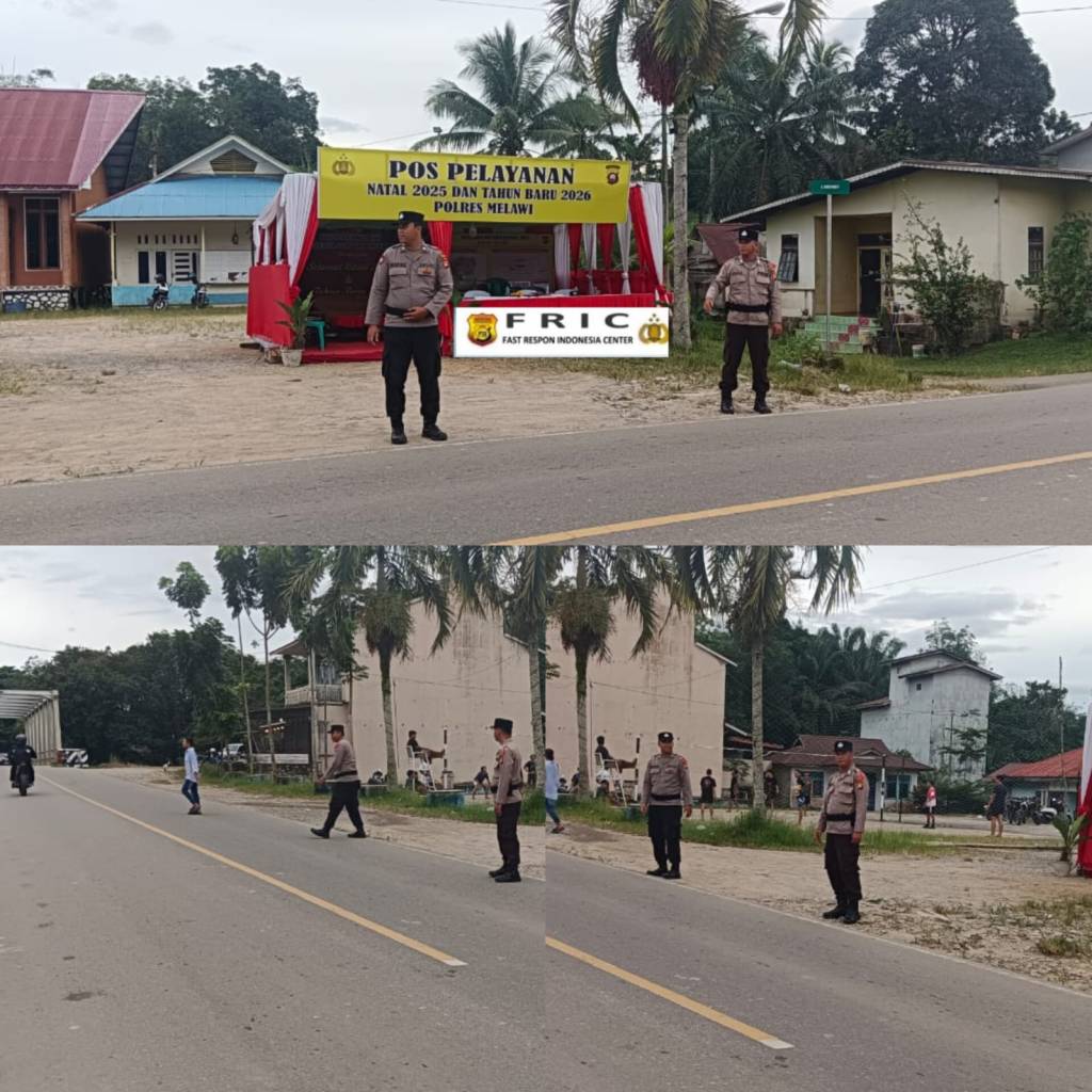 Personel Pos Pelayanan Lilin Kapuas 2025 Polres Melawi Lakukan Pengaturan Lalu Lintas di Desa Batu&nbsp;Buil