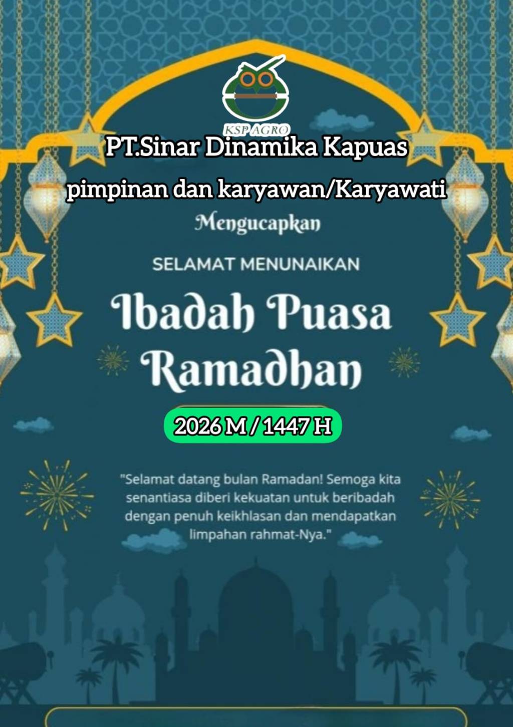 PIMPINAN Dan Karyawan PT.SDK Mengucapkan Selamat Menunaikan Ibadah Puasa 2026&nbsp;M/1447H